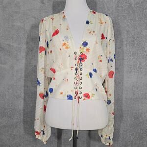 The Kooples Cream Daydream Flowers Lace-Up Floral Silk Top